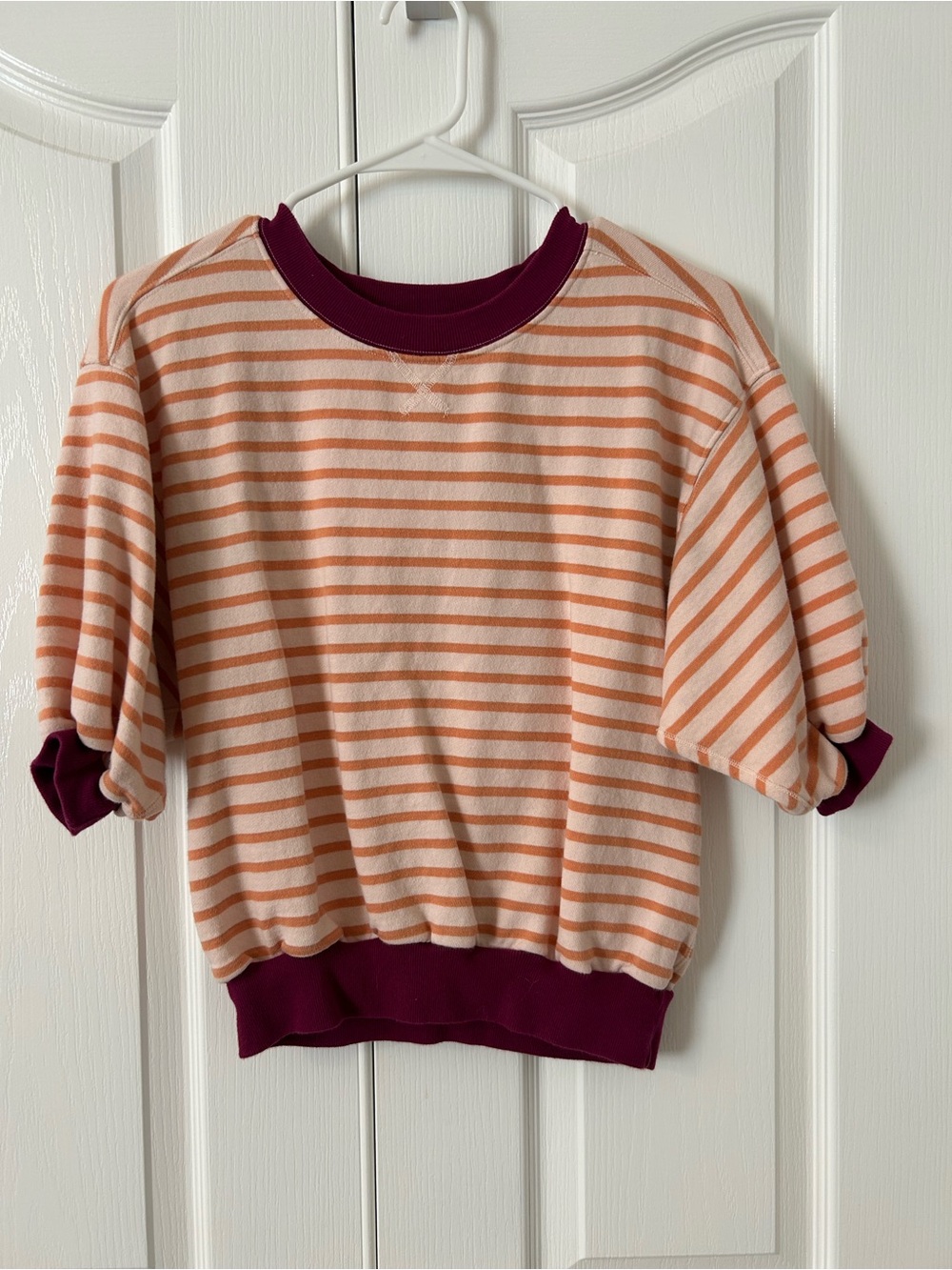 Striped Peach Short Sleeve Sweatshirt with Dark Fuschia Trim